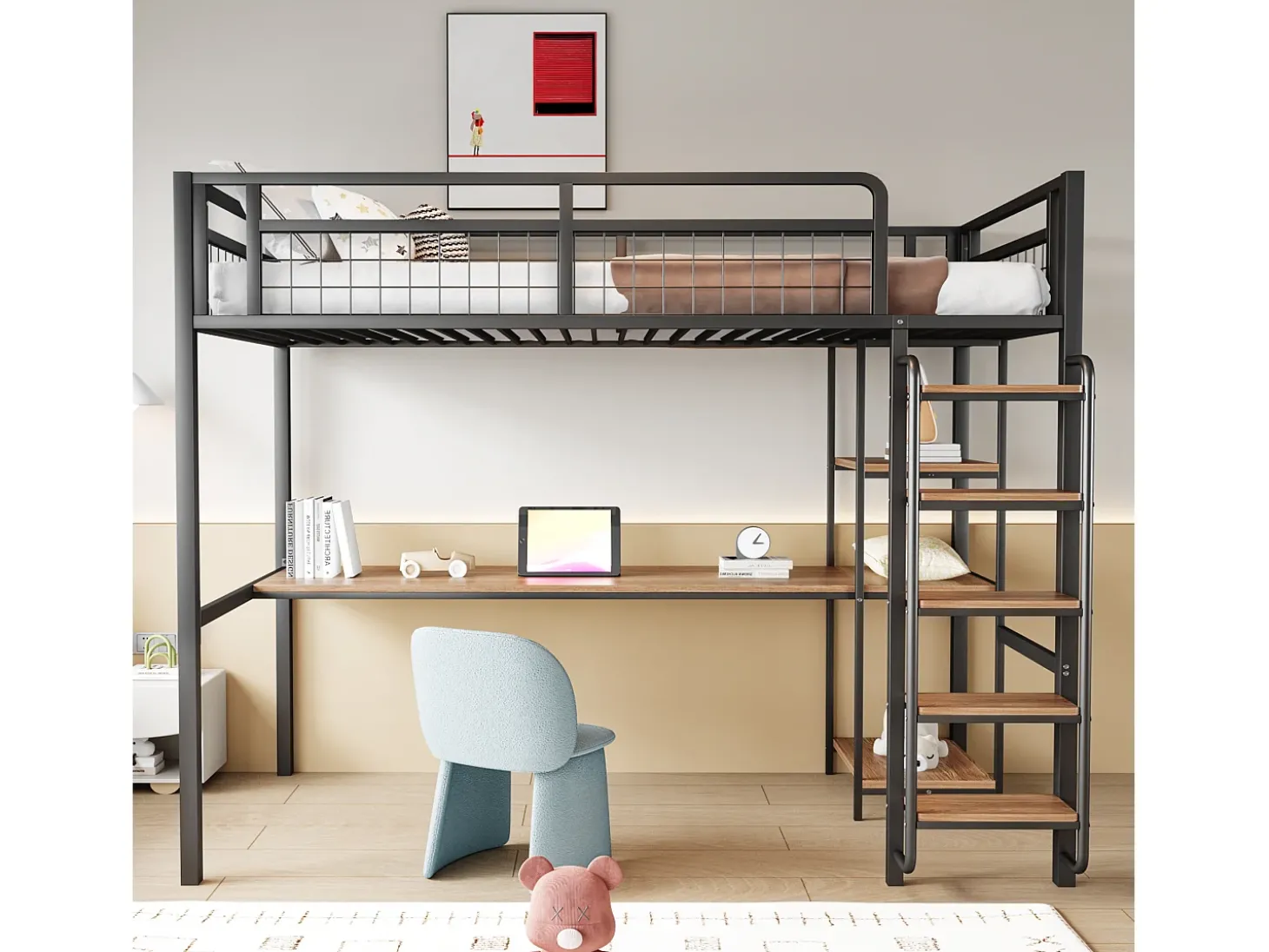 Cama alta 90 x 200 cm com secretária e prateleiras de arrumação - Metal e MDF - para crianças - Preto
