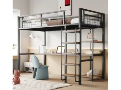 Cama alta 90 x 200 cm com secretária e prateleiras de arrumação - Metal e MDF - para crianças - Preto