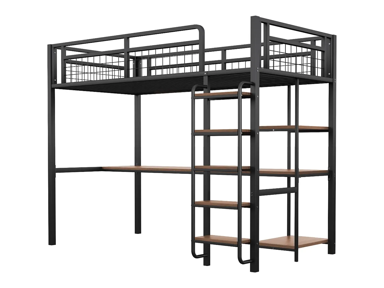 Cama alta 90 x 200 cm com secretária e prateleiras de arrumação - Metal e MDF - para crianças - Preto