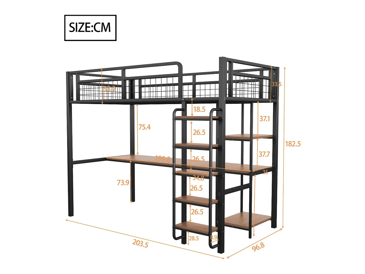 Cama alta 90 x 200 cm com secretária e prateleiras de arrumação - Metal e MDF - para crianças - Preto