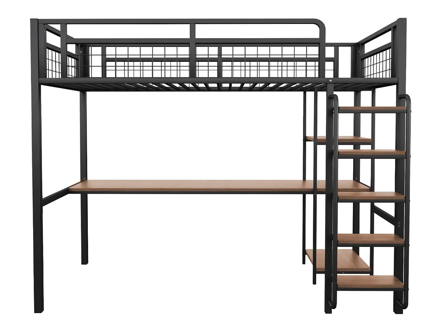 Cama alta 90 x 200 cm com secretária e prateleiras de arrumação - Metal e MDF - para crianças - Preto