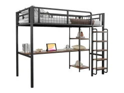 Cama alta 90 x 200 cm com secretária e prateleiras de arrumação - Metal e MDF - para crianças - Preto