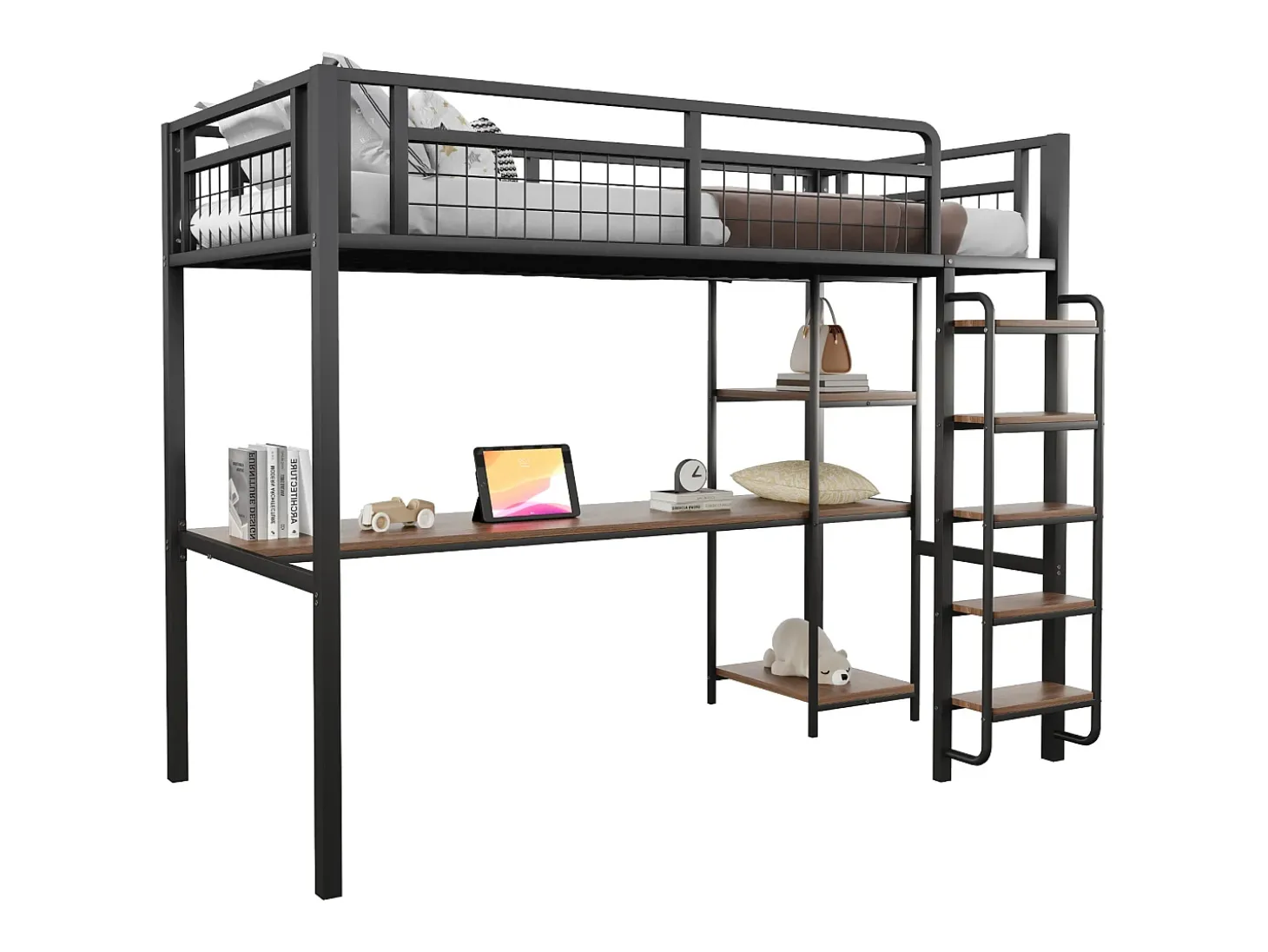 Cama alta 90 x 200 cm com secretária e prateleiras de arrumação - Metal e MDF - para crianças - Preto