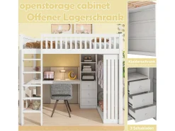 Cama alta 140 x 200 cm com secretária, roupeiro e 3 gavetas - Pinho + MDF - Branco (sem colchão)