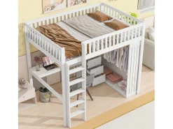 Cama alta 140 x 200 cm com secretária, roupeiro e 3 gavetas - Pinho + MDF - Branco (sem colchão)