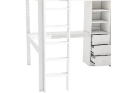 Cama alta 140 x 200 cm com secretária, roupeiro e 3 gavetas - Pinho + MDF - Branco (sem colchão)