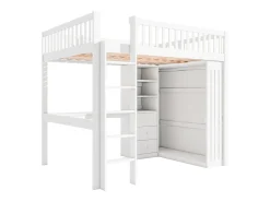 Cama alta 140 x 200 cm com secretária, roupeiro e 3 gavetas - Pinho + MDF - Branco (sem colchão)