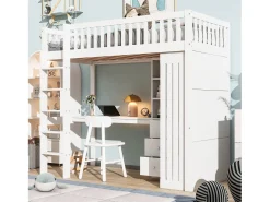 Cama alta 90 x 200 cm com secretária, roupeiro e 3 gavetas - Pinho + MDF - Branco (sem colchão)