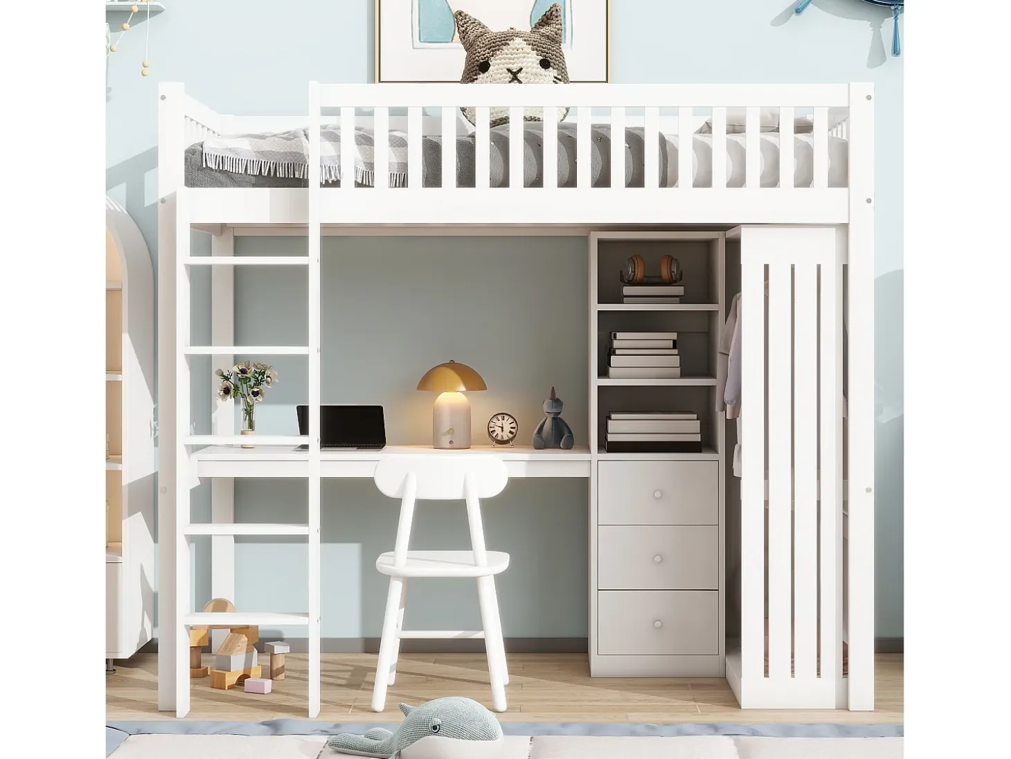 Cama alta 90 x 200 cm com secretária, roupeiro e 3 gavetas - Pinho + MDF - Branco (sem colchão)