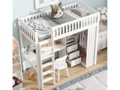 Cama alta 90 x 200 cm com secretária, roupeiro e 3 gavetas - Pinho + MDF - Branco (sem colchão)