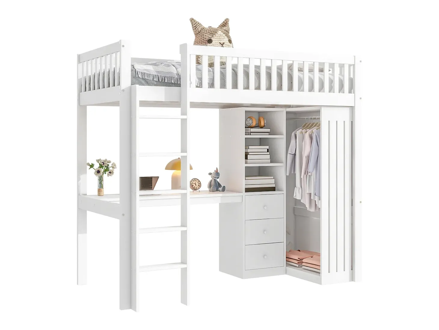 Cama alta 90 x 200 cm com secretária, roupeiro e 3 gavetas - Pinho + MDF - Branco (sem colchão)