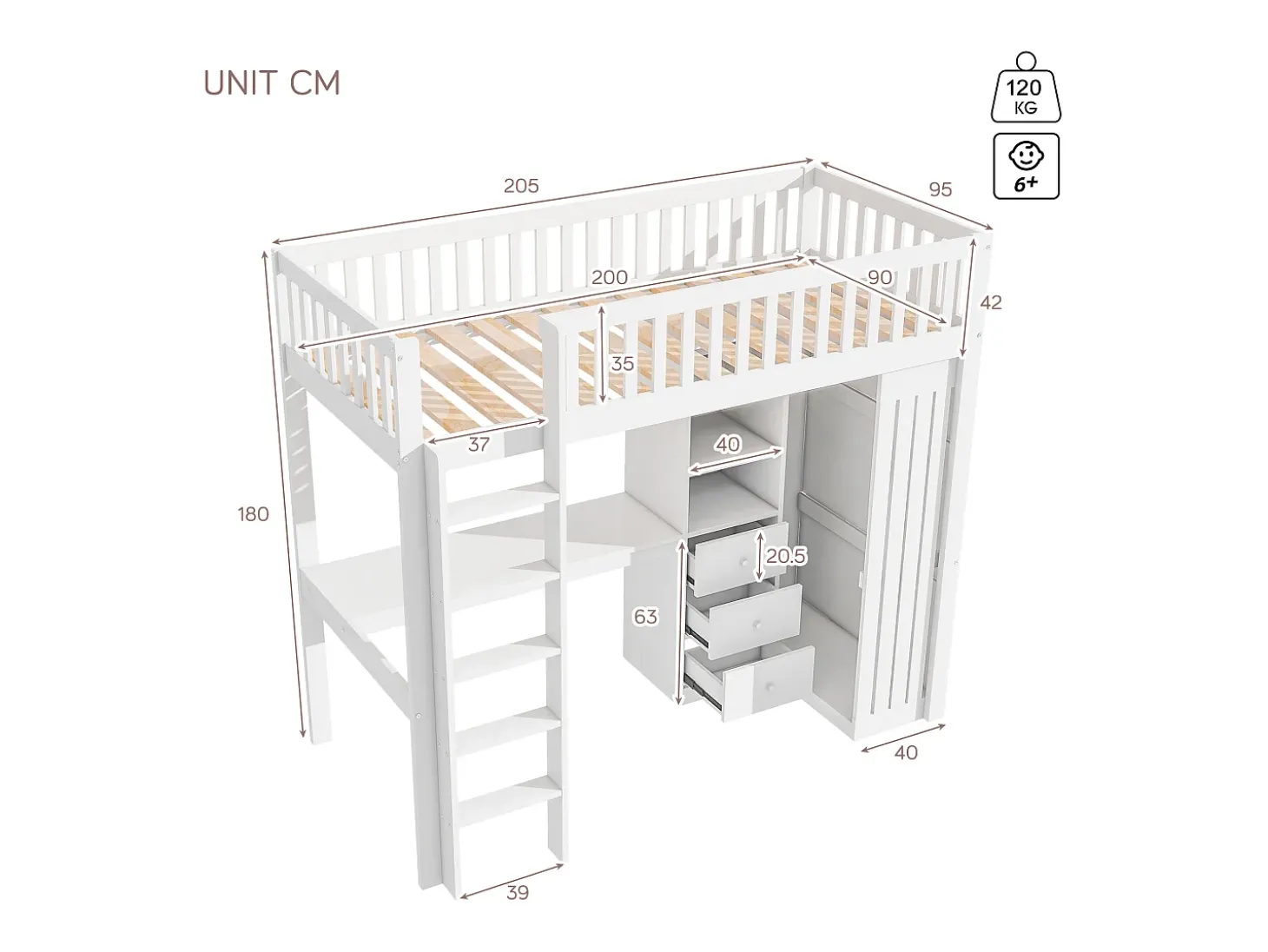 Cama alta 90 x 200 cm com secretária, roupeiro e 3 gavetas - Pinho + MDF - Branco (sem colchão)