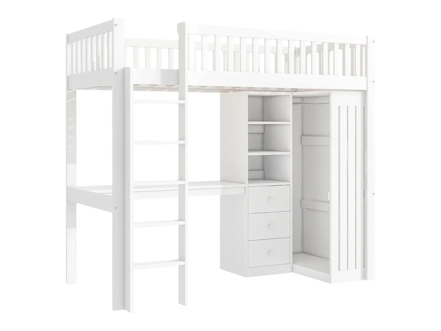 Cama alta 90 x 200 cm com secretária, roupeiro e 3 gavetas - Pinho + MDF - Branco (sem colchão)