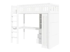 Cama alta 90 x 200 cm com secretária, roupeiro e 3 gavetas - Pinho + MDF - Branco (sem colchão)