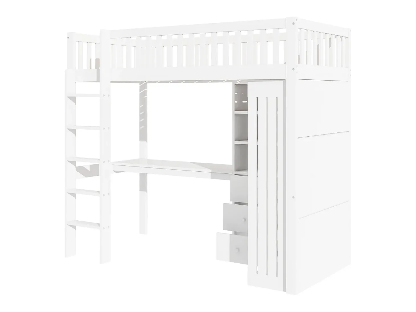Cama alta 90 x 200 cm com secretária, roupeiro e 3 gavetas - Pinho + MDF - Branco (sem colchão)