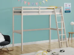 Cama alta 90 x 190 cm em pinho maciço esbranquiçado com colchão GEDEON II