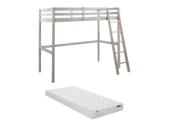 Cama alta 90 x 190 cm em pinho maciço esbranquiçado com colchão GEDEON II