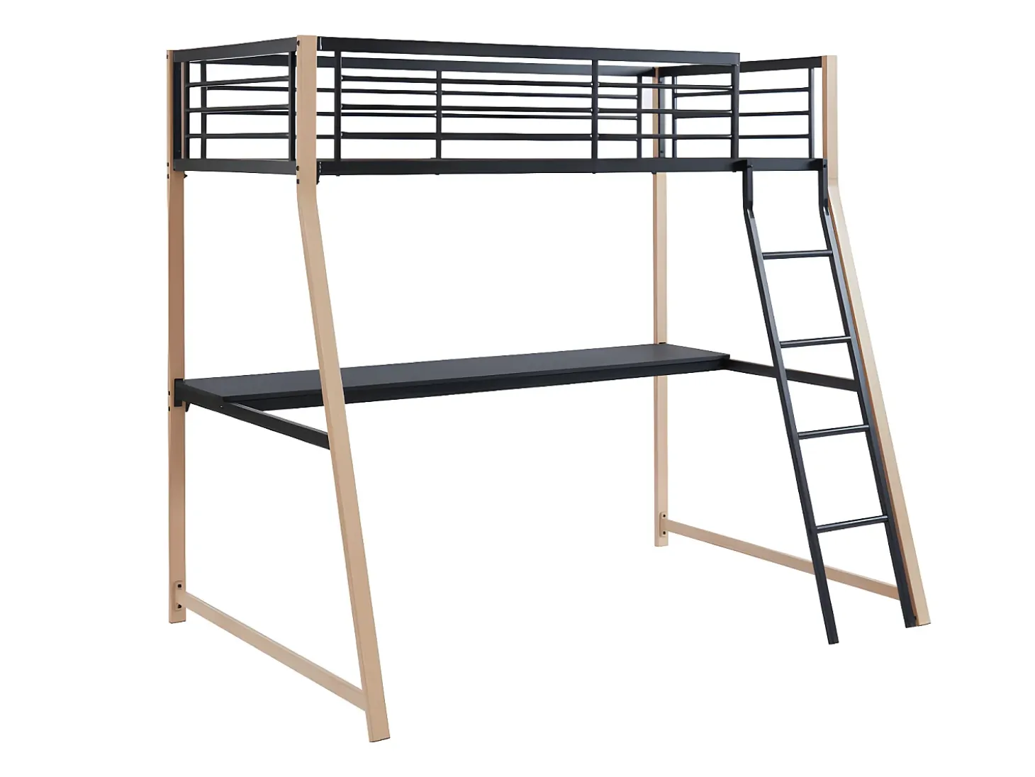 Cama alta 90 x 190 cm secretária integrada preto e cor carvalho MALICIA