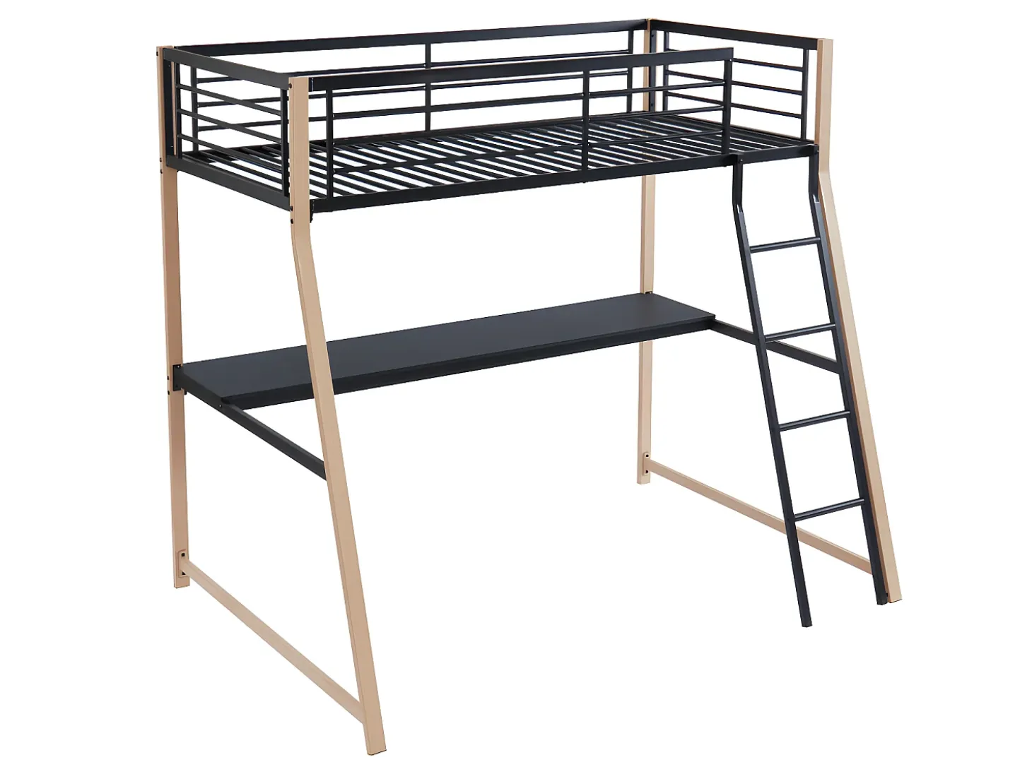 Cama alta 90 x 190 cm secretária integrada preto e cor carvalho MALICIA