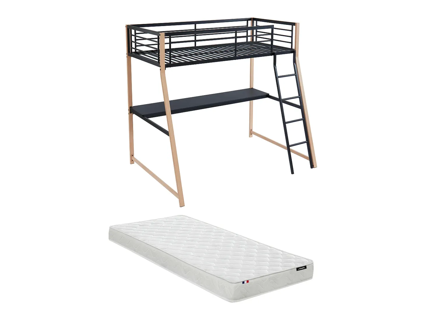 Cama alta 90 x 190 cm secretária integrada preto e cor carvalho MALICIA