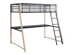 Cama alta 90 x 190 cm secretária integrada metal preto e cor carvalho MALICIA