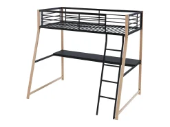 Cama alta 90 x 190 cm secretária integrada metal preto e cor carvalho MALICIA
