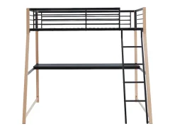Cama alta 90 x 190 cm secretária integrada metal preto e cor carvalho MALICIA