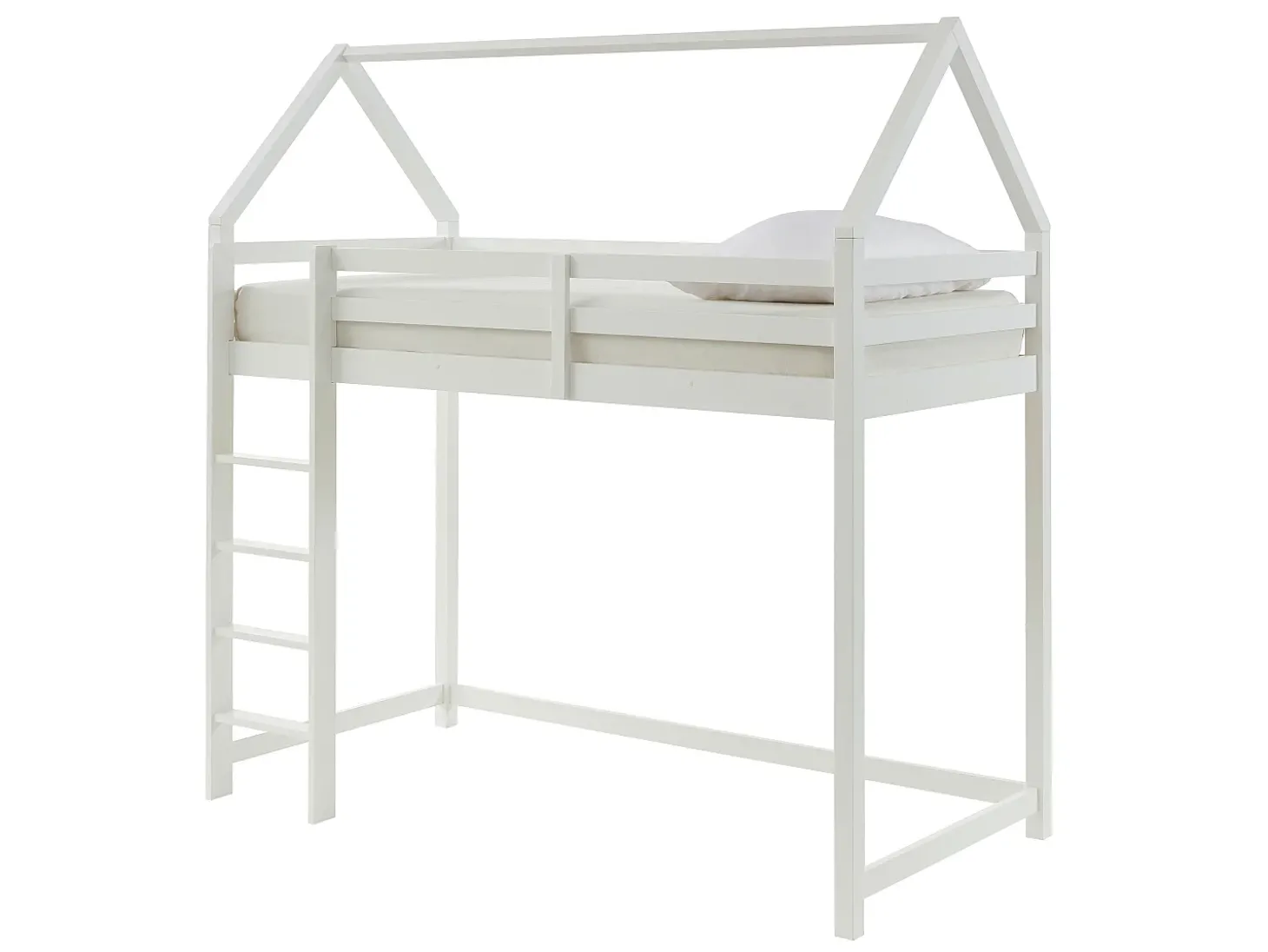 Cama alta cabana 90 x 190 cm em madeira de pinho branco com colchão - TARZIA