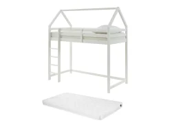 Cama alta cabana 90 x 190 cm em madeira de pinho branco com colchão - TARZIA