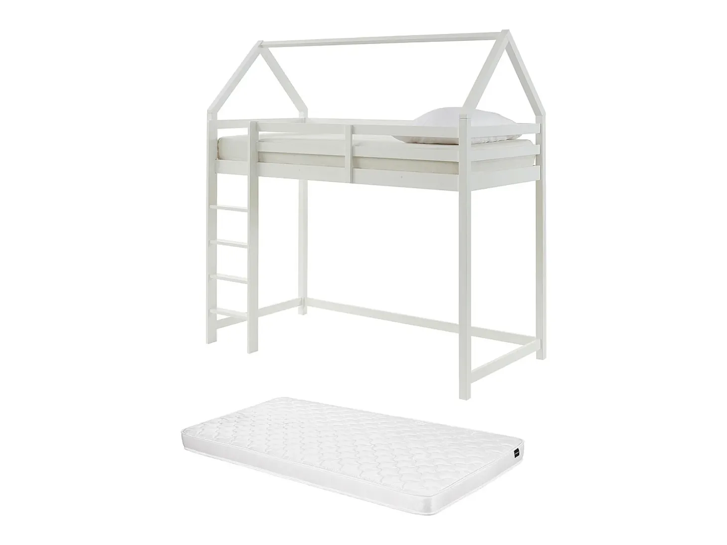 Cama alta cabana 90 x 190 cm em madeira de pinho branco com colchão - TARZIA