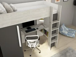 Cama alta com armário e secretária 90 x 200 cm natural e antracite - NICOLAS