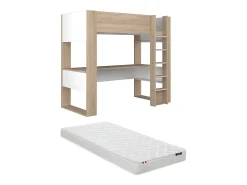 Cama alta com escrivaninha e espaço para armazenamento, 90 x 200 cm, carvalho e branco, com colchão NOAH.