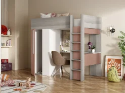 Cama alta com guarda-roupa e secretária de 90x200 cm - Cinza, cor-de-rosa e branco NICOLAS