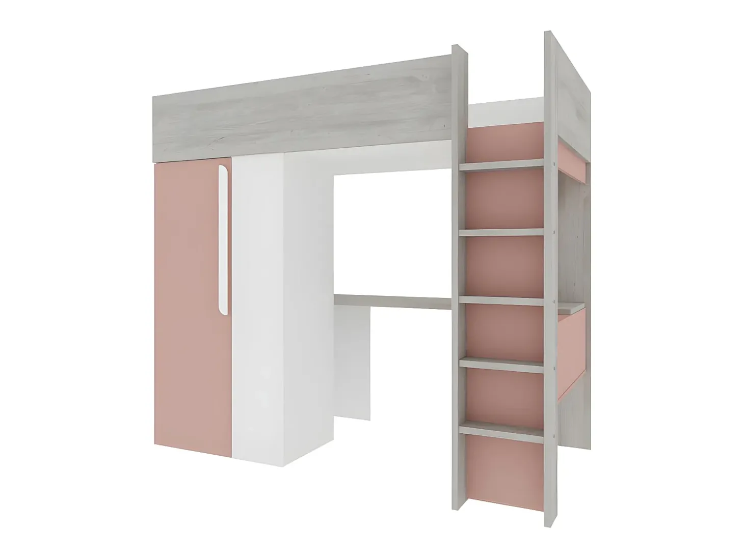 Cama alta com guarda-roupa e secretária de 90x200 cm - Cinza, cor-de-rosa e branco NICOLAS
