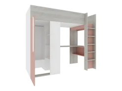 Cama alta com guarda-roupa e secretária de 90x200 cm - Cinza, cor-de-rosa e branco NICOLAS