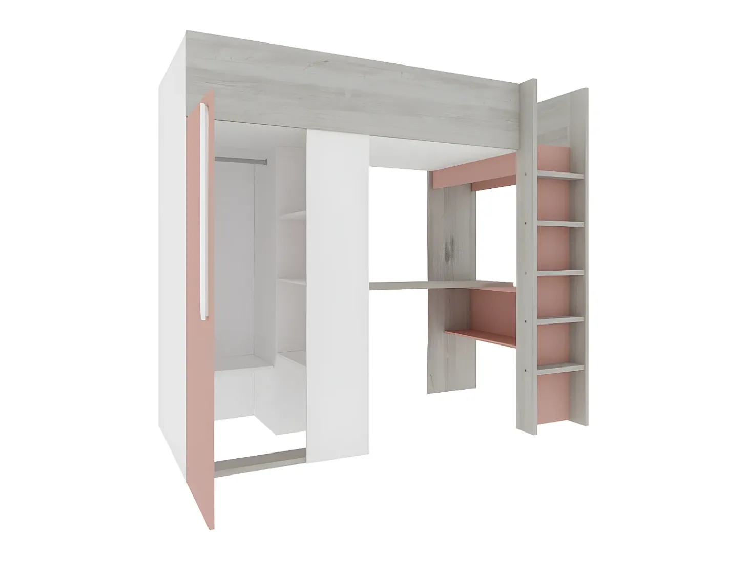 Cama alta com guarda-roupa e secretária de 90x200 cm - Cinza, cor-de-rosa e branco NICOLAS