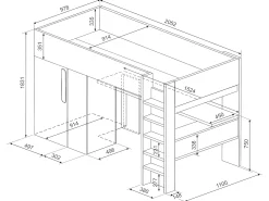 Cama alta com guarda-roupa e secretária de 90x200 cm - Cinza, cor-de-rosa e branco NICOLAS
