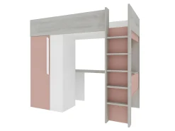 Cama alta com guarda-roupa e secretária de 90x200 cm com colchão cinza, branco e cor-de-rosa. NICOLAS