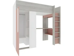Cama alta com guarda-roupa e secretária de 90x200 cm com colchão cinza, branco e cor-de-rosa. NICOLAS