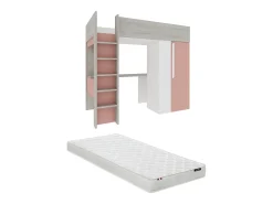 Cama alta com guarda-roupa e secretária de 90x200 cm com colchão cinza, branco e cor-de-rosa. NICOLAS