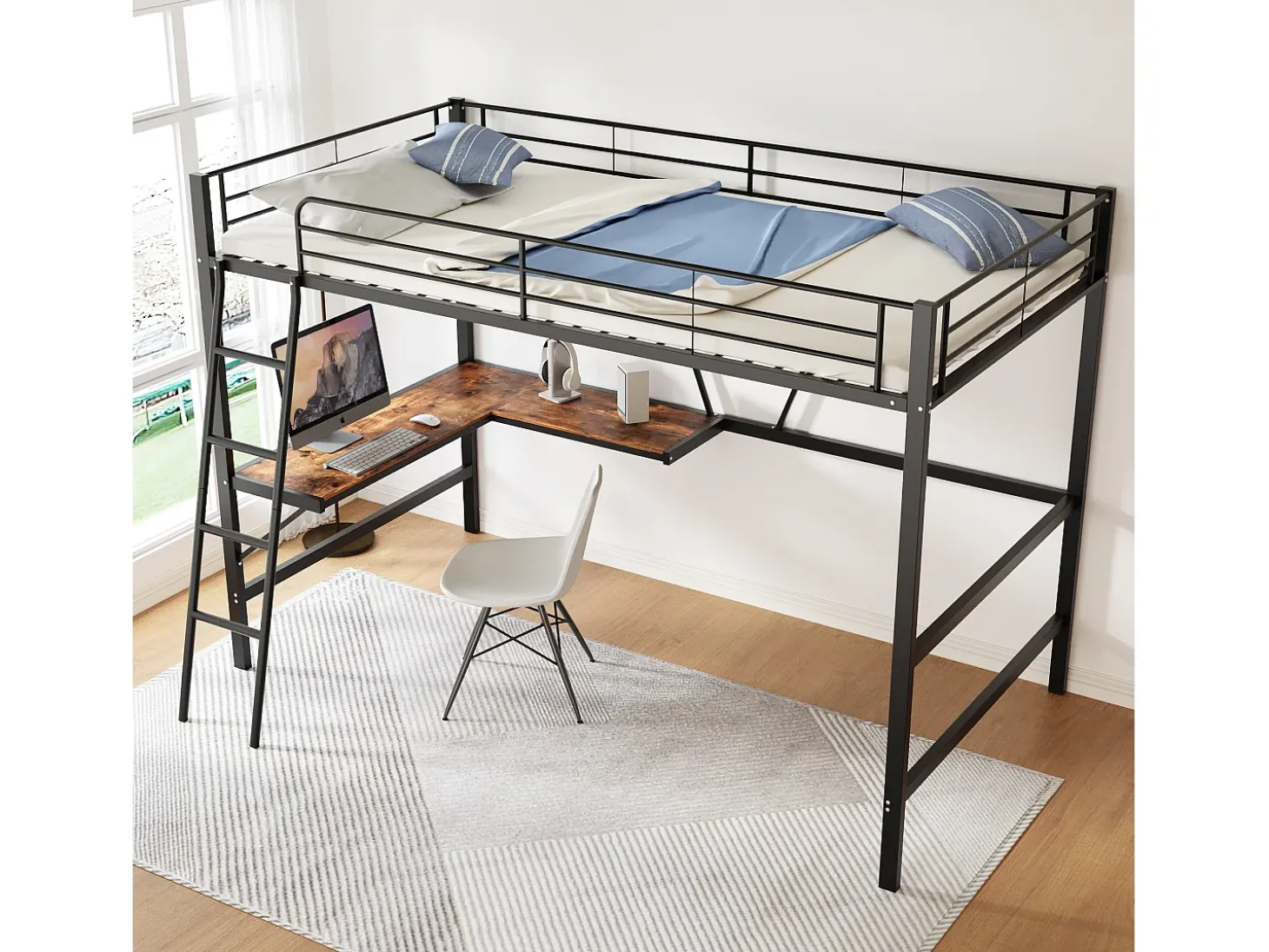 cama alta com mesa em L e prateleira para crianças - 90 x 200 cm - Madeira MDF e metal - preta