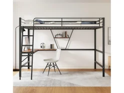 cama alta com mesa em L e prateleira para crianças - 90 x 200 cm - Madeira MDF e metal - preta