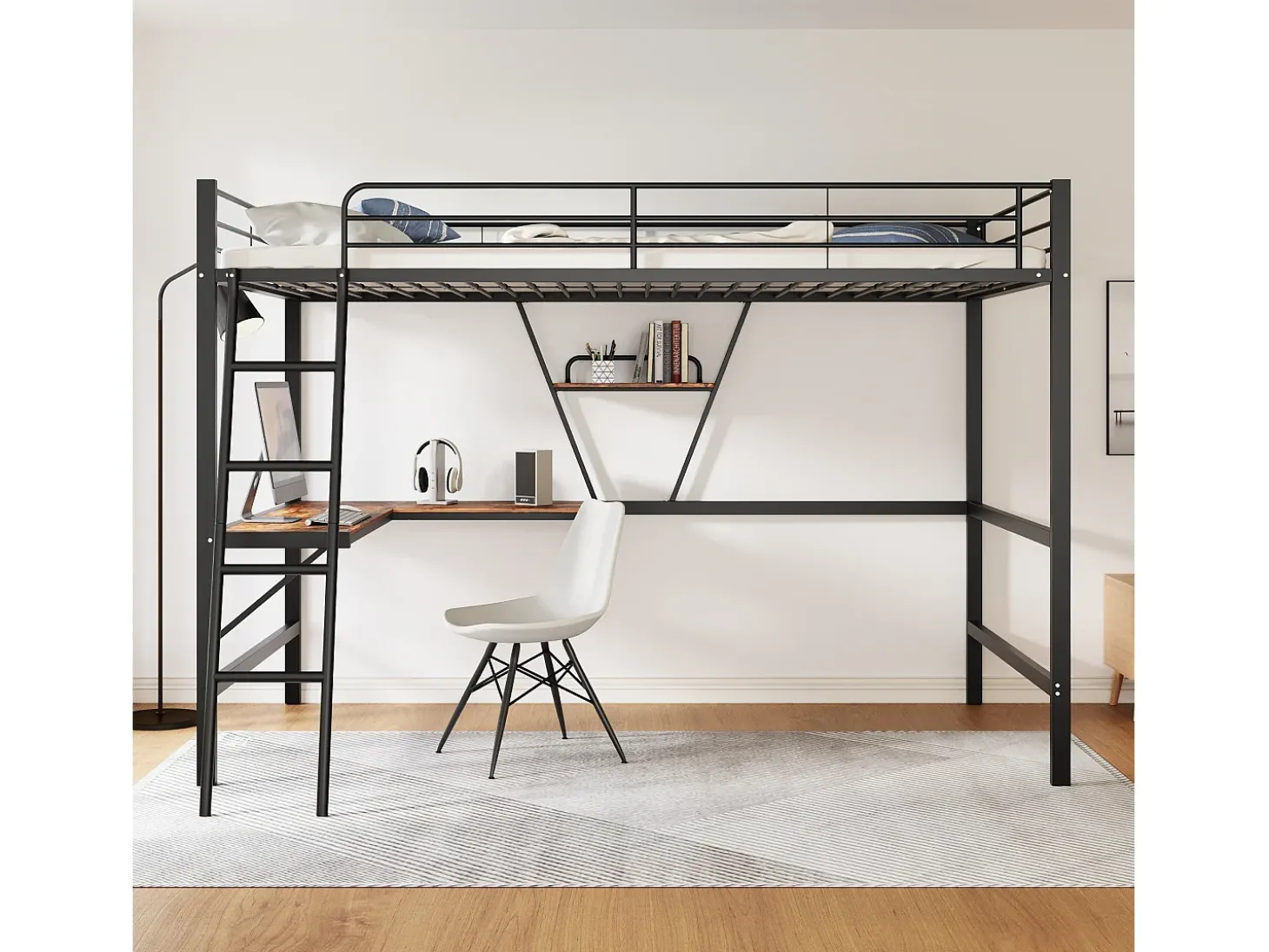 cama alta com mesa em L e prateleira para crianças - 90 x 200 cm - Madeira MDF e metal - preta
