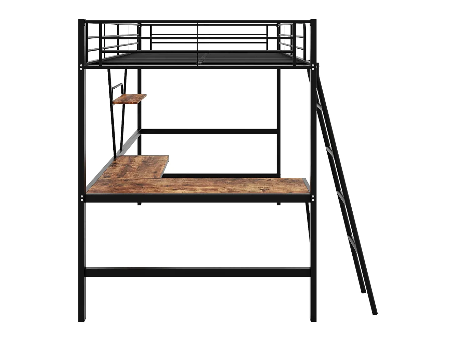 cama alta com mesa em L e prateleira para crianças - 90 x 200 cm - Madeira MDF e metal - preta