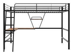 cama alta com mesa em L e prateleira para crianças - 90 x 200 cm - Madeira MDF e metal - preta