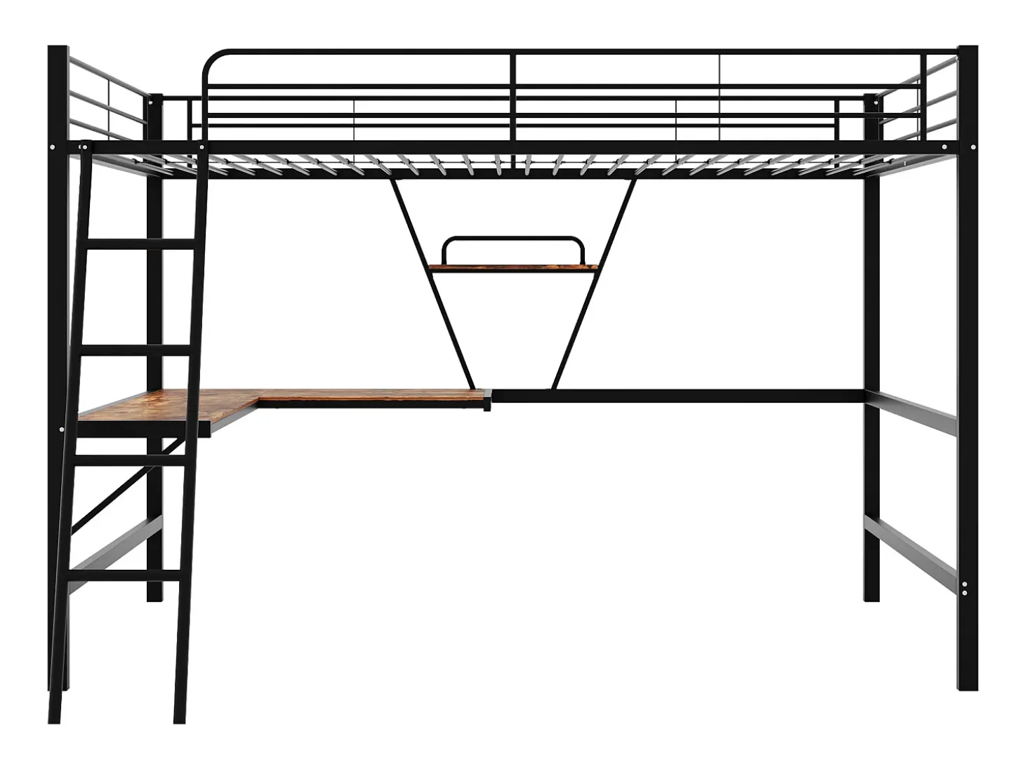 cama alta com mesa em L e prateleira para crianças - 90 x 200 cm - Madeira MDF e metal - preta