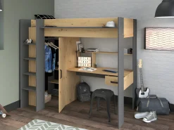 Cama alta com secretária e armário 90 x 200 cm carvalho e antracite. AUCKLAND