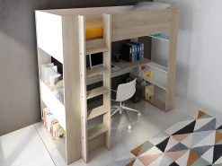 Cama alta com secretária e arrumação integradas 90 x 200 cm - Carvalho e branco - NOAH