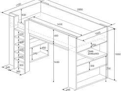 Cama alta com secretária e arrumação integradas 90 x 200 cm - Carvalho e branco - NOAH