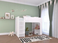Cama alta de 90 x 190 cm com arrumação, branca + colchão - COLUMI